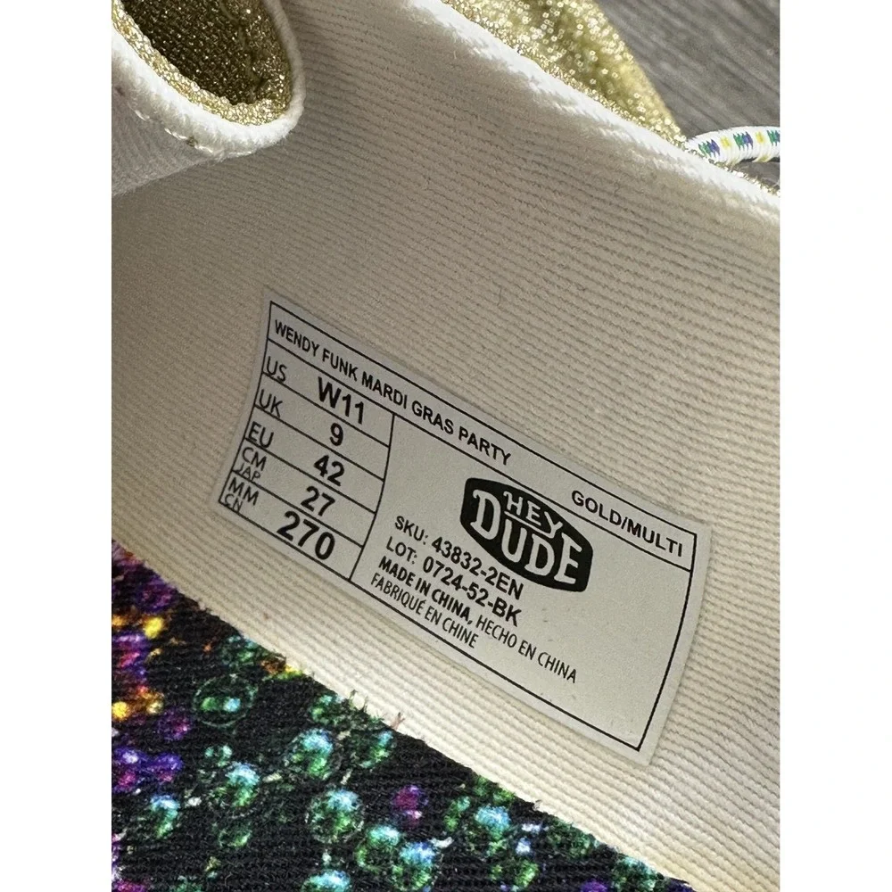 Hey Dude Gold Glitter Wedges with Green, Purple & White Stripe Accents